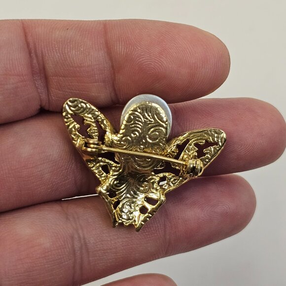 Gold Tone Insect Pink Rhinestone Faux Pearl Brooch Unmarked Fly Pin - Picture 6 of 8